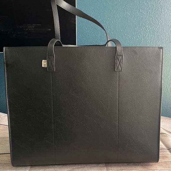 BÉIS Large Work Tote | Black Vegan Leather Laptop Bag - Picture 1 of 7